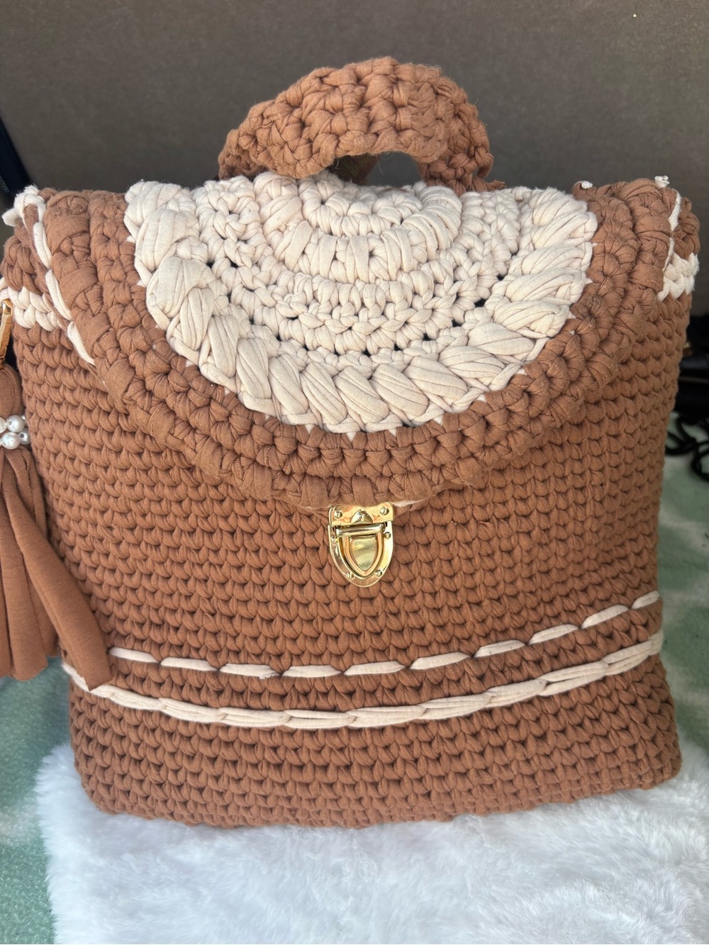 Handcrafted Crochet Backpack in Brown & Cream with Gold Accent